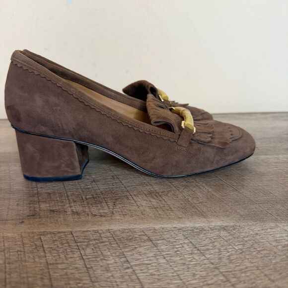 J.McLaughlin Brown Suede Fringe Loafers Block Heel Bamboo Bit Womens 6.5 - Picture 4 of 7